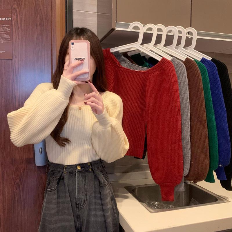 High-End Puff Sleeve Square Neck Sweater - Autumn/Winter Slim Fit Versatile Top