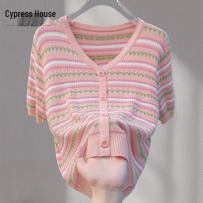Women s V-Neck Striped Color-Block Short Sleeve Knit Top One Size