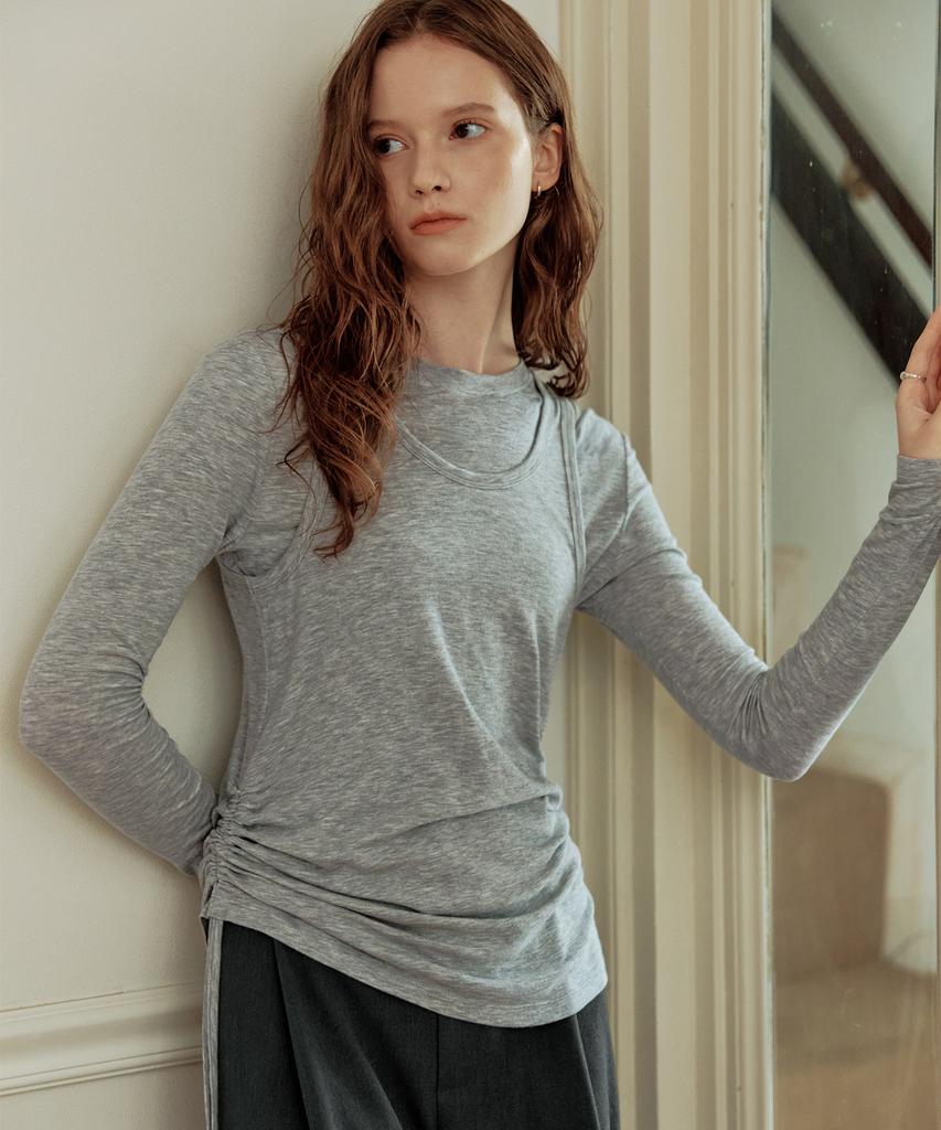 ZEROSTREET Shirred Layered T-Shirt / Melange Gray
