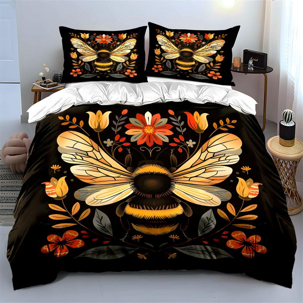 Golden Bee Floral Design Bedding Duvet Cover Set  (1*Duvet Cover 2*Pillowcases, Without Duvet Insert)