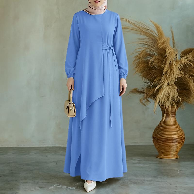 ZANZEA Damen Casual Rundhals Einfarbig Locker Langarm Muslimisches Kleid 2XL blau