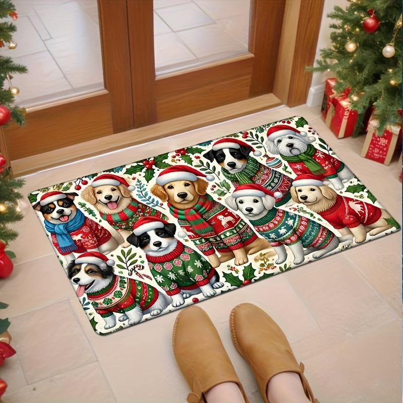 Christmas Dog Doormat Festive Flannel Rug, Non-Slip Low Pile Sponge Machine Washable Door Carpet for Home Decor