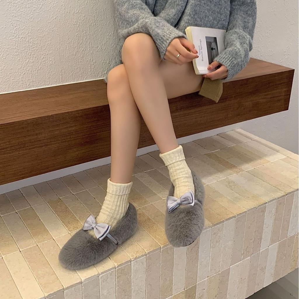 2025 Autumn and Winter New Round Head Fluffy Bow with Inner Slope Heel Velvet Versatile Mary Jane Women's Single Shoes