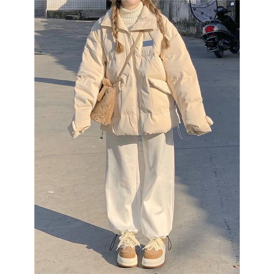 Winter Plus Size Thick Warm PU Leather Stand Collar Cotton Jacket for Women Students Loose Bread Style Cotton Coat for Overweight Girls Outerwear