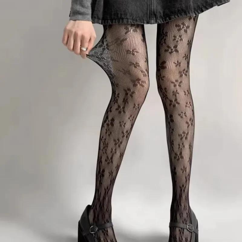 Floral Pattern Brown Fishnet Pantyhose Women Sexy Coffee Hollow Out Mesh Tights Y2K Lolita Nylon Transparent Lace Stockings
