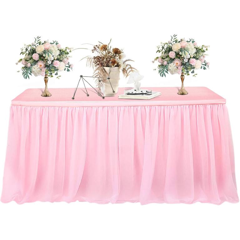 MAQIHAN 6 FT Pink Tulle Table Skirt – Table Skirt Tablecloth for Round Rectangular Tables Made of Tutu Fabric Restaurant Dessert Table Wedding