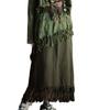 Retro Artistic Green Tassel Half Skirt - Cotton Linen with Color Blocking & Double Layer Design