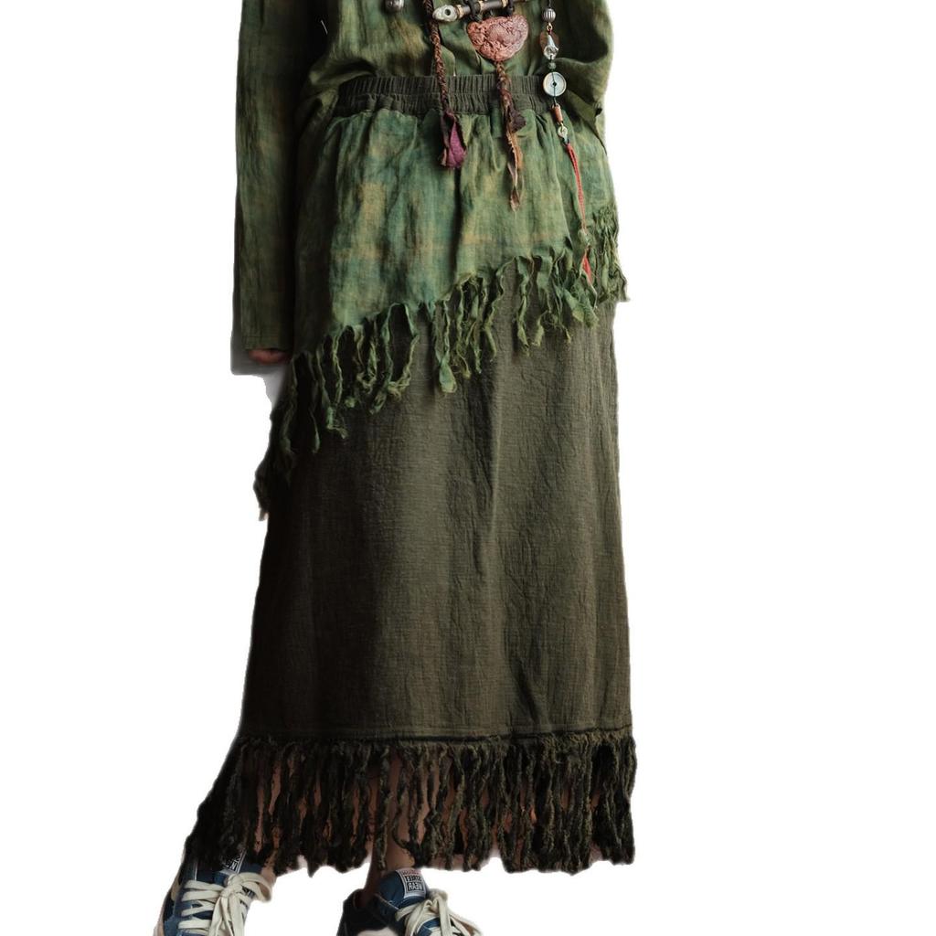 Retro Artistic Green Tassel Half Skirt - Cotton Linen with Color Blocking & Double Layer Design
