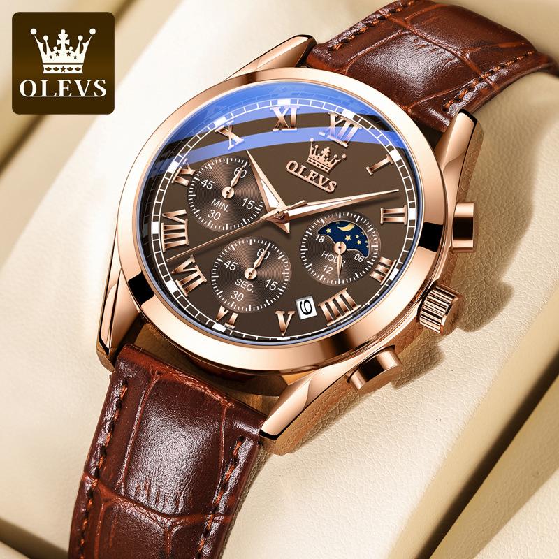 

Oulishi Men s Quartz Chronograph Watch - Three-eye, Six-hand, Waterproof, Luminous Dial.