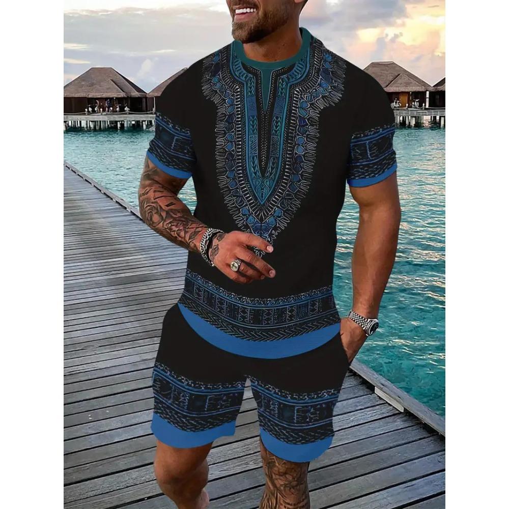 2025 Vintage Men's T-shirts Shorts Set 3D African Ethnic Style Print Casual Hawaiian Tees Suit Summer Men Women Tracksuit Outfit