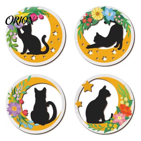 Boho Cat Wall Decorations 4Pcs Wooden Decor, 2D Flat Round Art with Flower Rustic for Home Moon Elements, Lightweight Decorative Hanging Signs Living