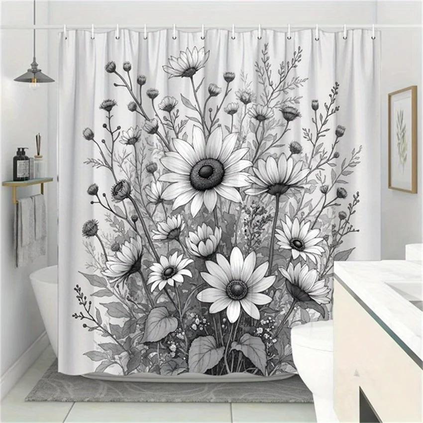 

Monochromatic Botanical Shower Curtain - Floral Design, Polyester, 70.8x70.8 Inches W90xH180cm