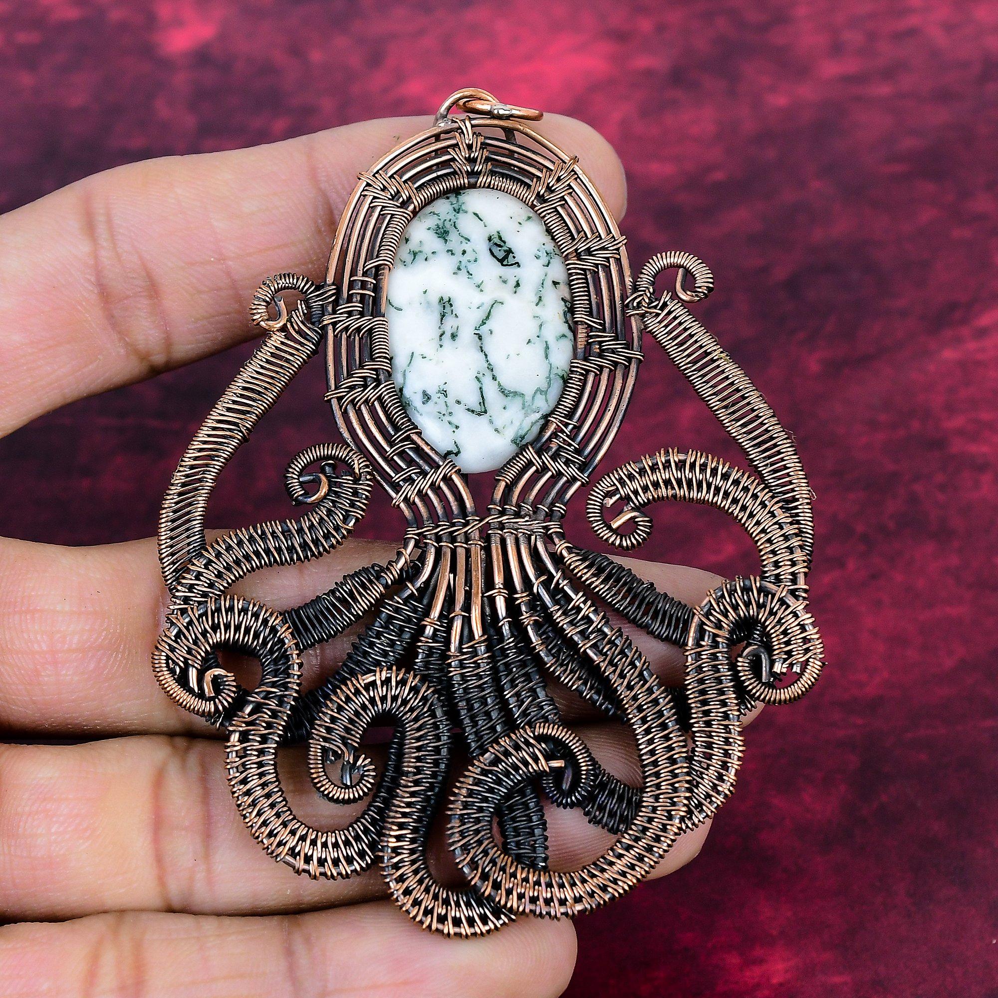Tree Agate Pendant Copper Wire Wrapped Octopus Pendant Natural Gemstone Jewelry