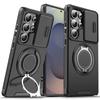 Magnētiski gredzenveida statīva tālruņu maciņi Samsung Galaxy S25 S24 S23 S22 Ultra Plus S21 FE tālruņu maciņš ar bīdāmu kameras aizsardzības bruņu vāciņu