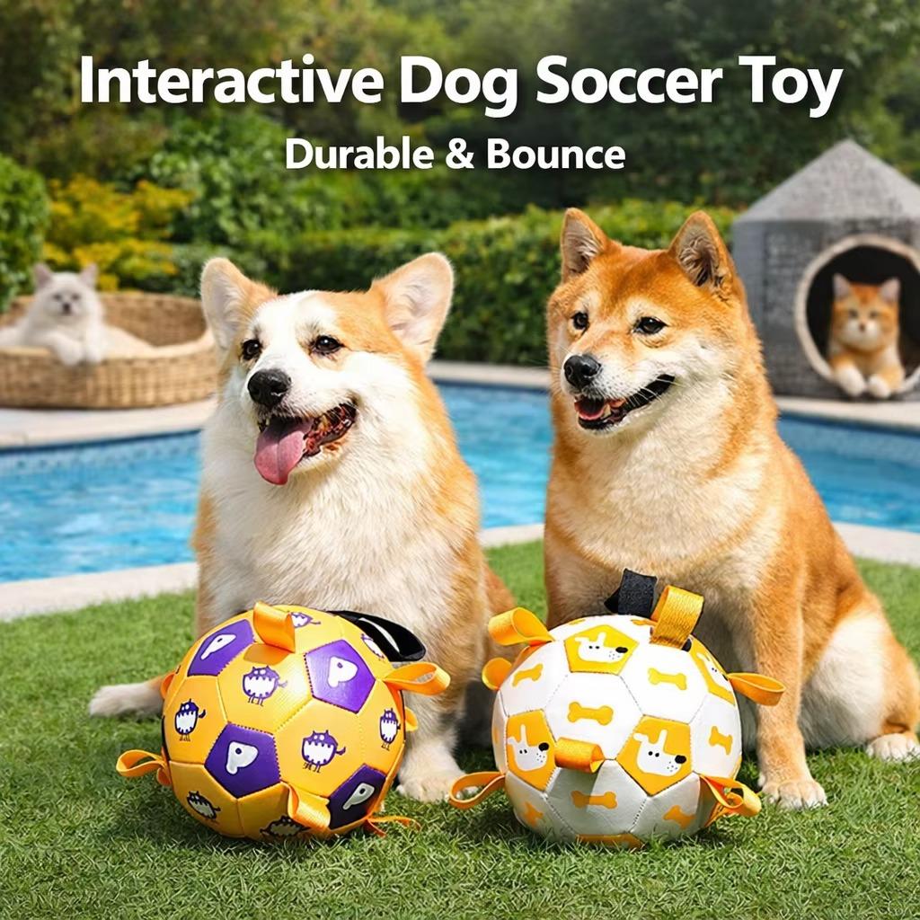 Interactive Durable Dog Soccer Ball Toy With Straps TPU Nylon Bite Resistant Chew Training Outdoor Fetch for Large Small Dogs