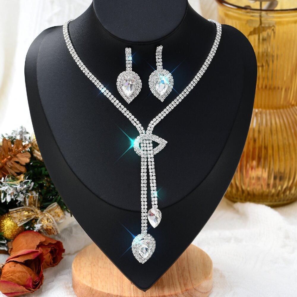 3PC Women's Fashion Copper Inlaid Claw Chain Hollow Tassel Necklace Earrings Zircon Set Wedding Banquet Party Holiday Gift-8133