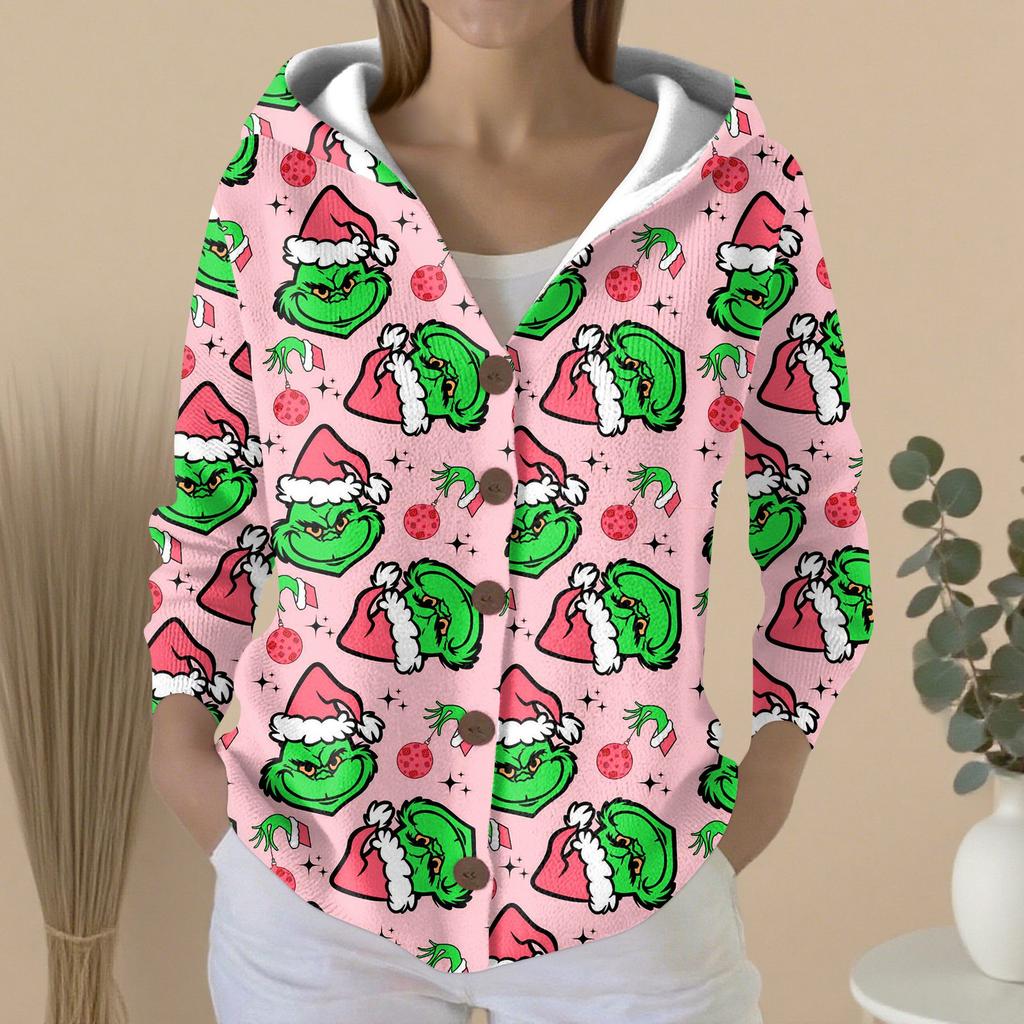 Women's Fashion Casual Sweater Button-Up Print Cardigan  Hooded Jacket
