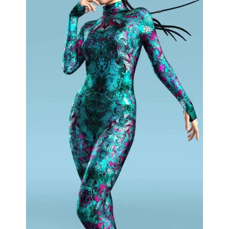 Dámský přiléhavý overal Oblečení Barevný 3D potisk Brnění Zentai Body s rukávy na palce Přední zip Cosplay Kostým Párty Outfit