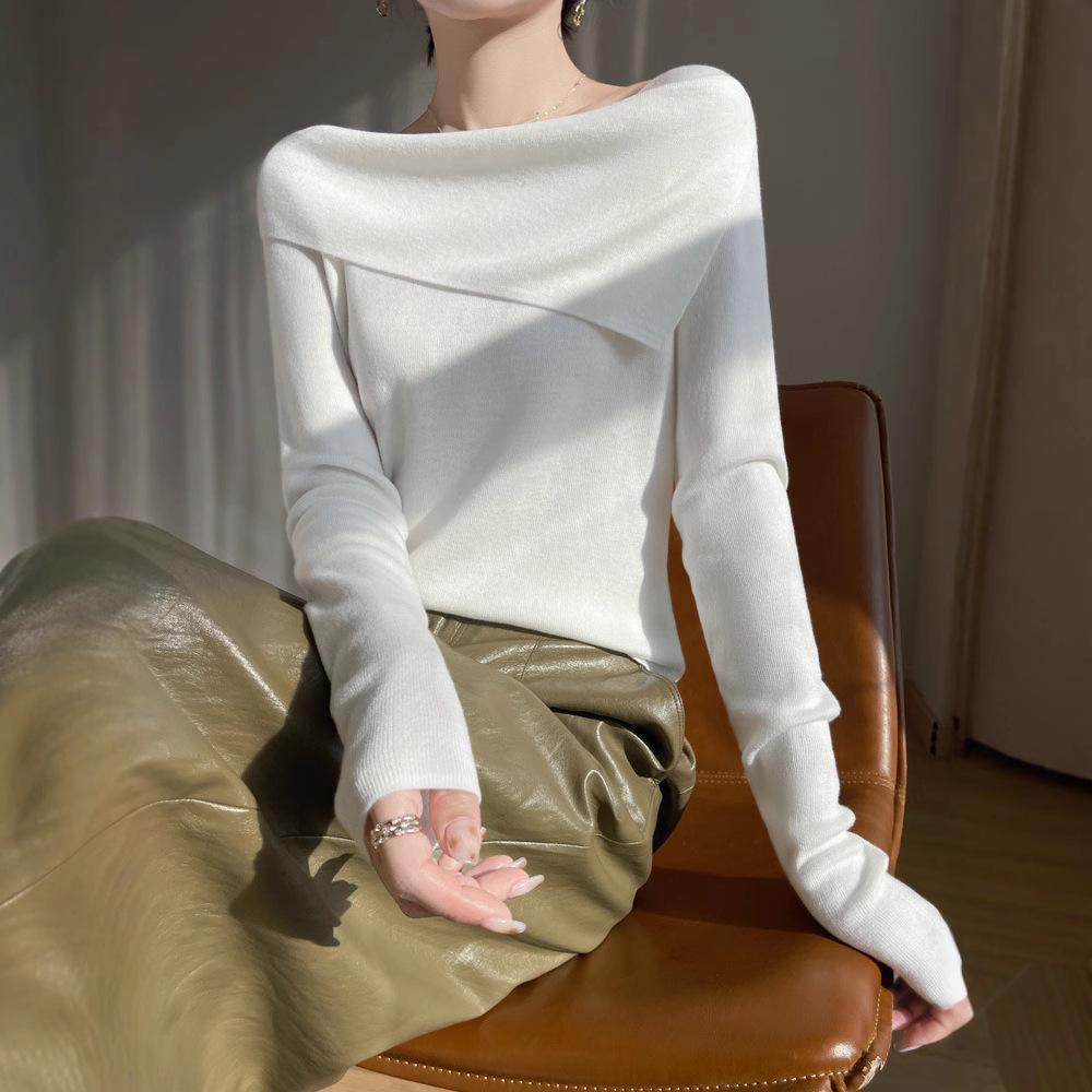 Women's One-Shoulder Irregular Long-Sleeve Knit Top - Spring/Summer, French-Inspired, Imitation Wool, High-Quality.