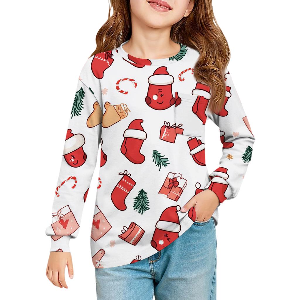 Christmas Day Girls' Long Sleeve Blouse - Round Neck Soft Waist Tunic