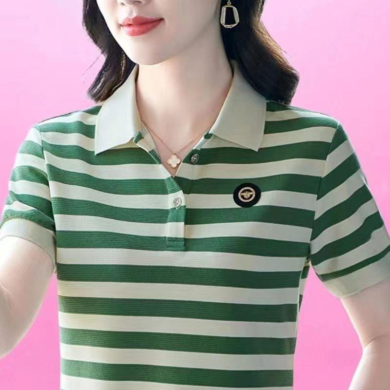 

Полосатая футболка с короткими рукавами для женщин, летняя, новая, модная, с лацканами, модная, для мам, рубашка поло, универсальный топ 3XL