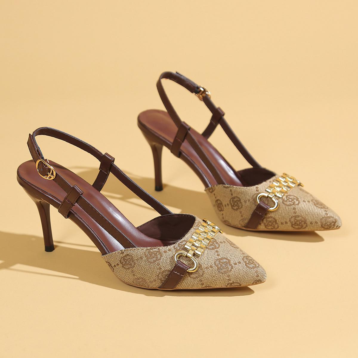

Новые женские туфли-лодочки на высоком каблуке с острым носком, с декоративной металлической цепочкой, модные, в стиле ретро, роскошные, прочные, нескользящие 42 хаки