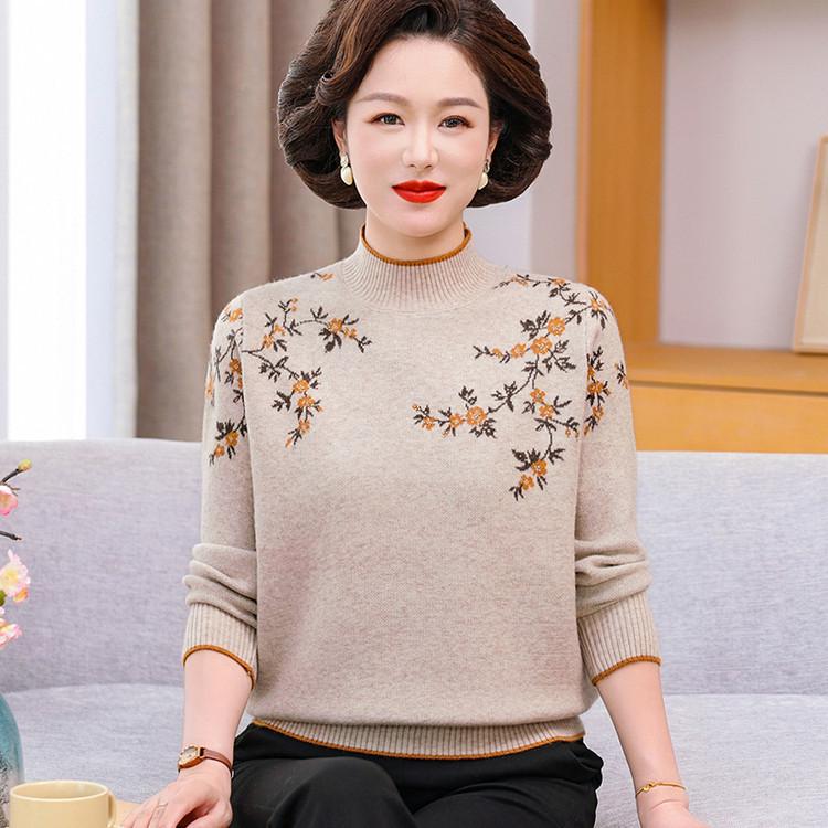 

2025 Autumn Running Series: Elegant Floral Embroidery Knit Sweater with Half-High Collar Large бежевый