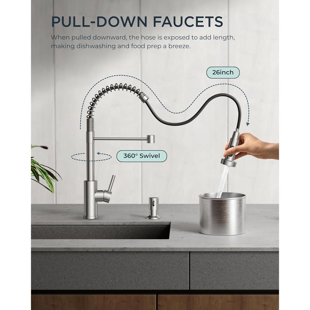 Kitchen Tap with Pull Down Sprayer, Stainless Steel Utility Single Handle Spring Sink, Kitchen Taps for Farmhouse Camper Laundry Rv Bar