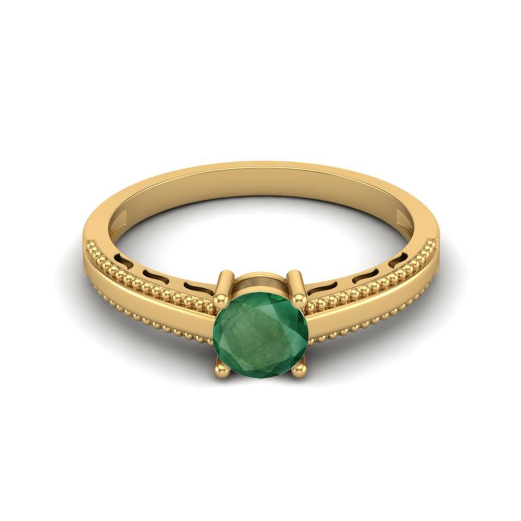 925 Sterling Silver Gold Vermeil 0.50 Cts Round Emerald Solitaire Beaded Shank Anniversary Women Ring