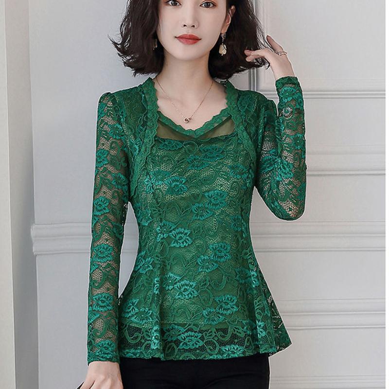 Bluză din dantelă Îmbrăcăminte pentru femei Negru Topuri noi Femei Elegantă cu mânecă lungă Cămașă albă cu decolteu în V