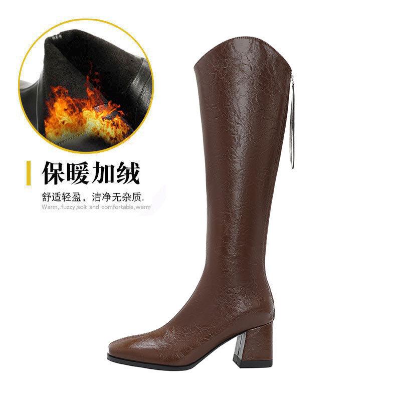 High-heeled Boots Women's 2025 New Autumn and Winter Thin But Knee Boots Thick Heel Brown V-mouth Square Head High Boots