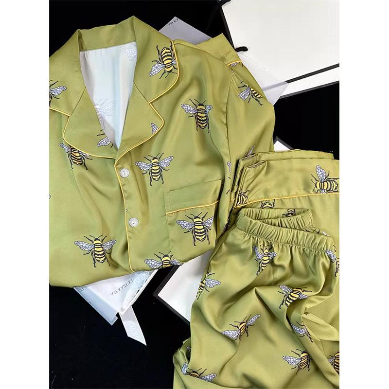 Gift-Giving Advanced Sense Illustration Pajamas Women'S Temperament Lapel Collar Long Sleeves Can Be Worn Outside Ice Silk Suit Real Shot