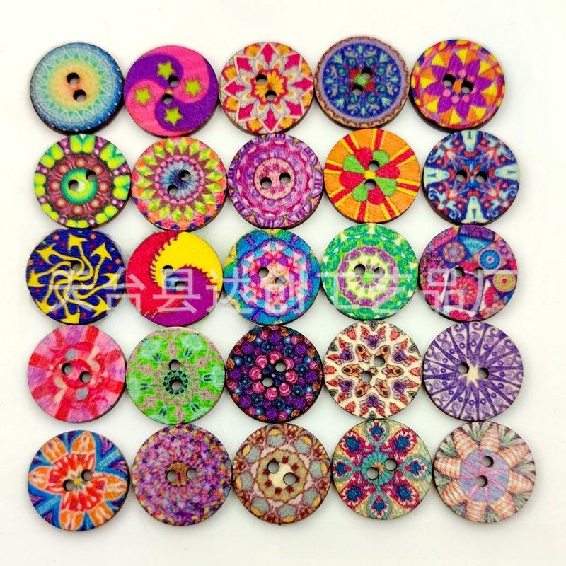 100-Pack Retro Wooden Round Buttons: 15/20/25mm Painted & Printed