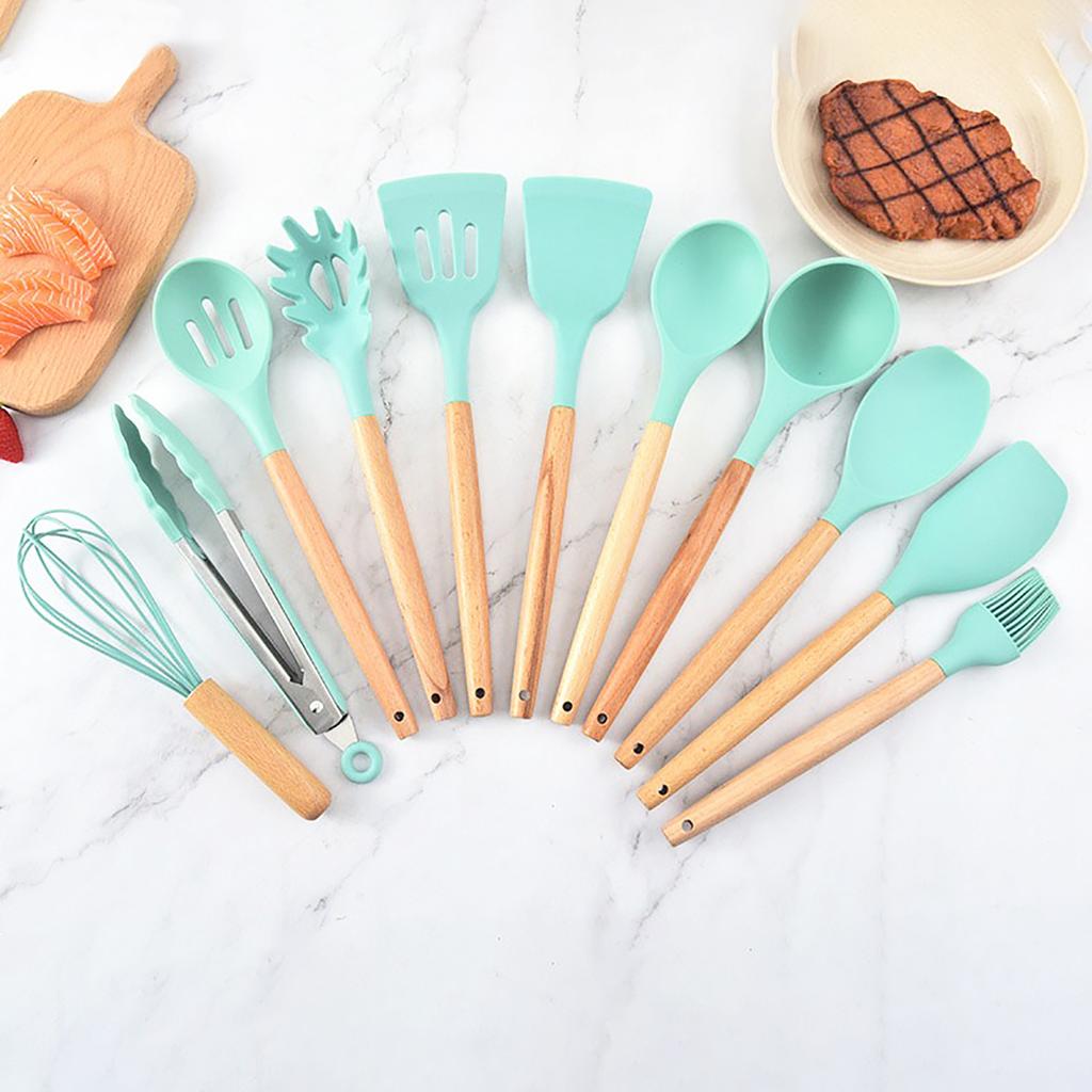 12 stk/sett Kjøkkenkokekar Silikon Kjøkkenutstyr Non-stick kokeverktøy Spatel Øse Eggevisper Spade Skje Suppe Bestikksett