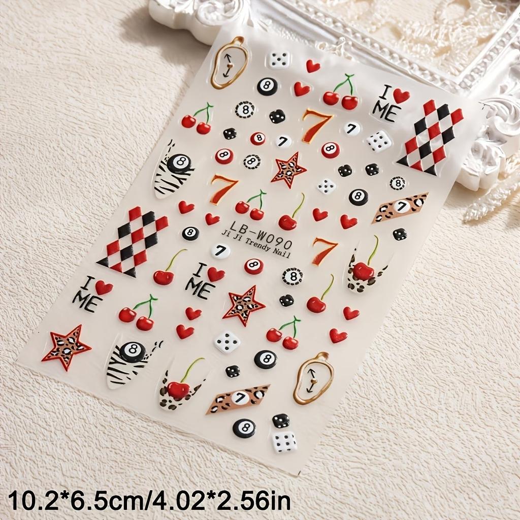 2026 Trendy Nail Art Stickers Zebra Leopard Star Plaid Cherry Heart Cartoon Self Adhesive Decals DIY Manicure Nail Decorations