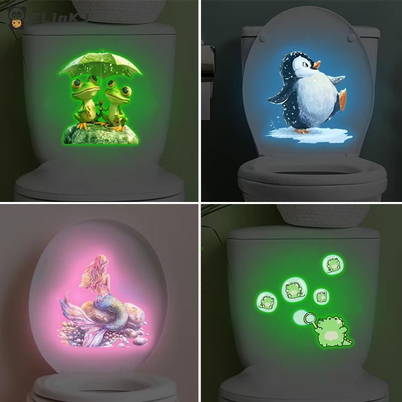 Glow In The Dark Toilet Stickers Cartoon Frog Penguin Design Removable Waterproof Bathroom Wall Sticker Home Decor