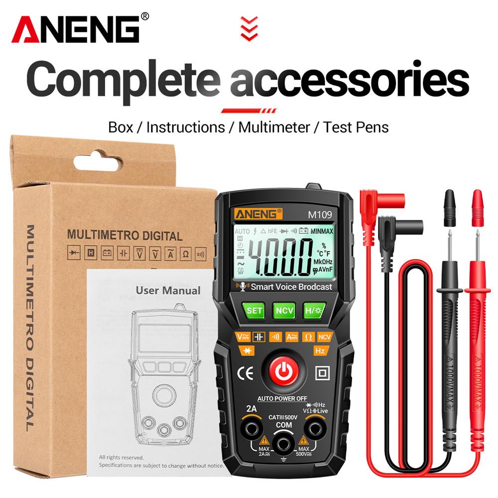 ANENG M109 Smart Multimeter Tester AC/DC Voltage Voice Broadcast Meter NCV Capacitance Continuity Professional Electrical Tools with Digital Display