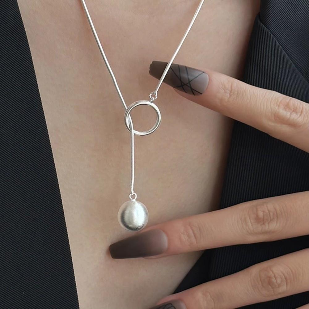 Geometric Shape Long Sweater Chain Luxury Silver Bead Necklace Brushed Round Ball Necklace  Gift