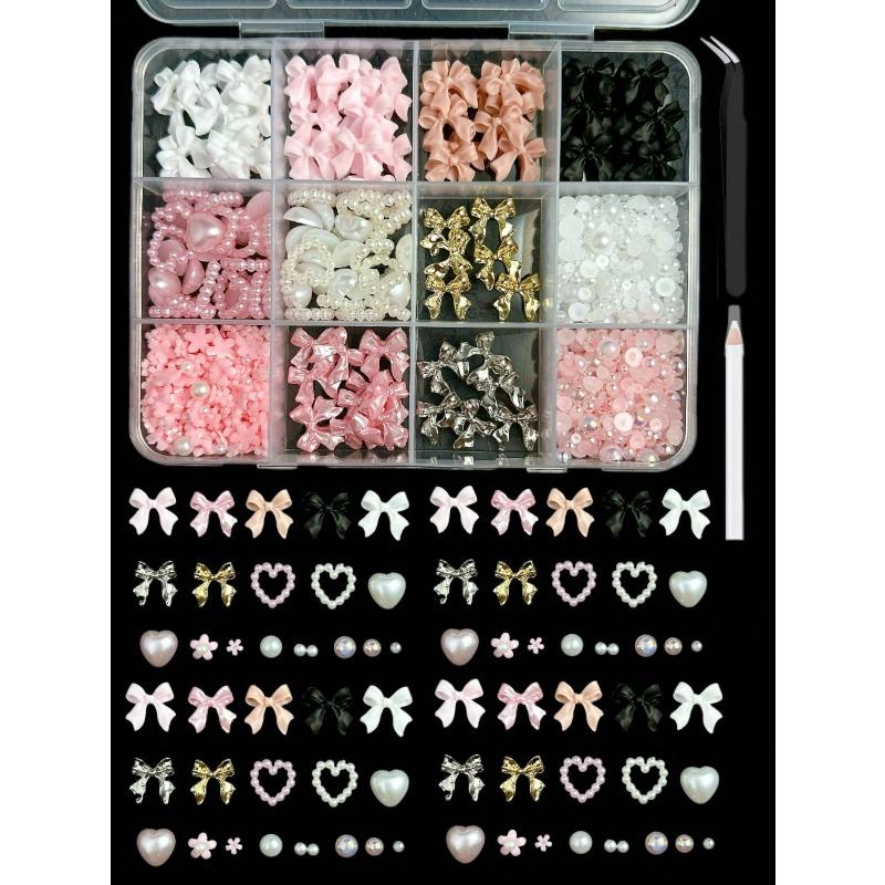 12-Compartment Box Mixed Resin Simulation Pearl Bow, Heart, Mini Floral Decor For Diy Nail Art Accessories, Nail Supplies Nail Charms