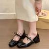 Red Evening Single Shoes French Coarse Heel Square Head Spring/Summer New Butterfly Knot Women's Shoes