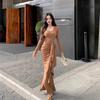 2025 Autumn Women's V-neck Waist-cinching Long-sleeve Hip-hugging Cardigan Dress Set