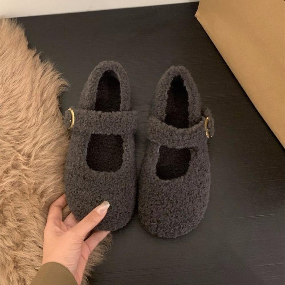 Fashion Fashion Square Toe Fleece Flet Ballet Flats Woman Winter Warm Wool Mary Jane Shoes Ladies Brand Design Elegant Plush Loafers