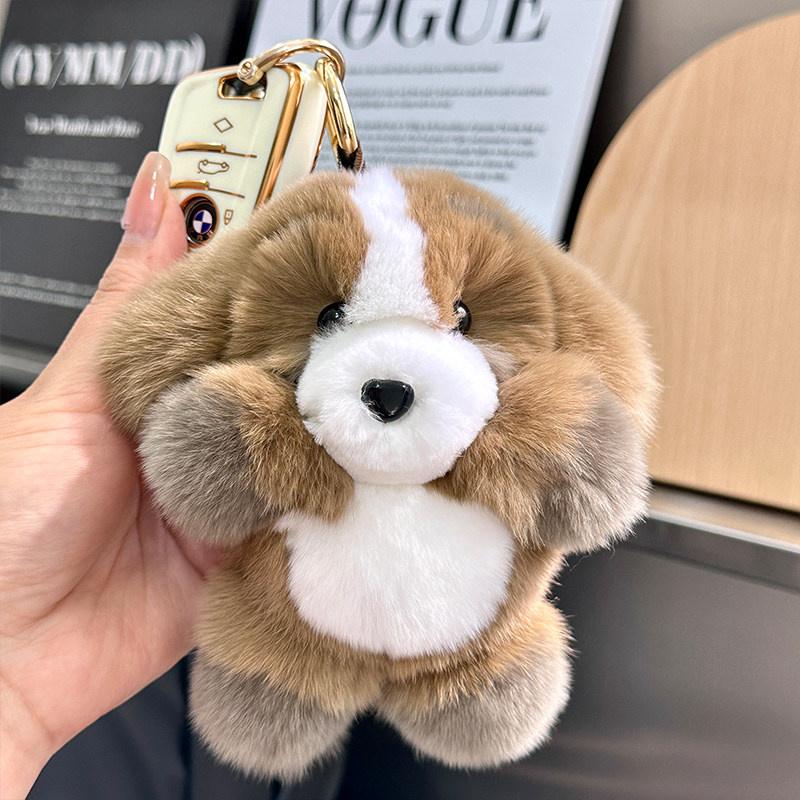 Süßer Hunde-Schlüsselanhänger für Taschen Anhänger Plüsch-Schlüsselanhänger Autoschlüsselring Kawaii Echter Kaninchenfell-Hunde-Puppe Anhänger Schmuck Geschenke 14 cm white