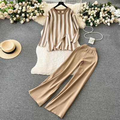 Autumn Winter Casual Striped Knitted Sweater Pant 2 Piece Set Women Chic Tracksuit Split Pullover + Ankle Length Trousers Outfits