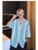 Korean Style Contrast Color Short-Sleeve Shirt - Men's Summer Trendy Loose Lapel Knitted Top