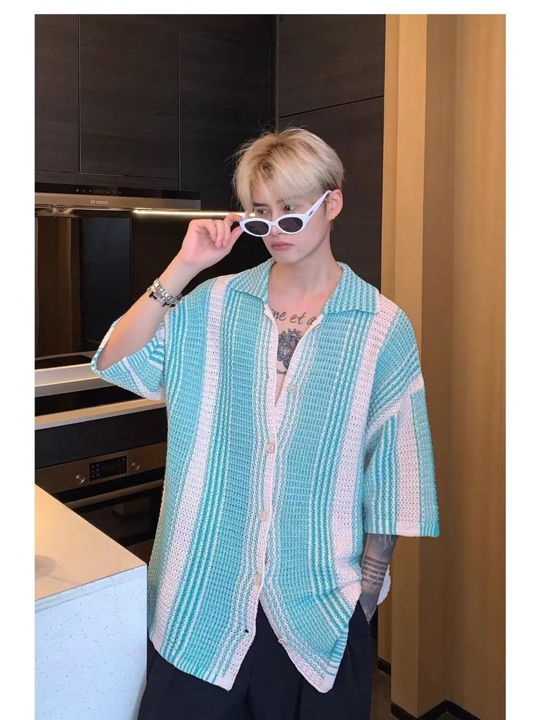 Korean Style Contrast Color Short-Sleeve Shirt - Men's Summer Trendy Loose Lapel Knitted Top