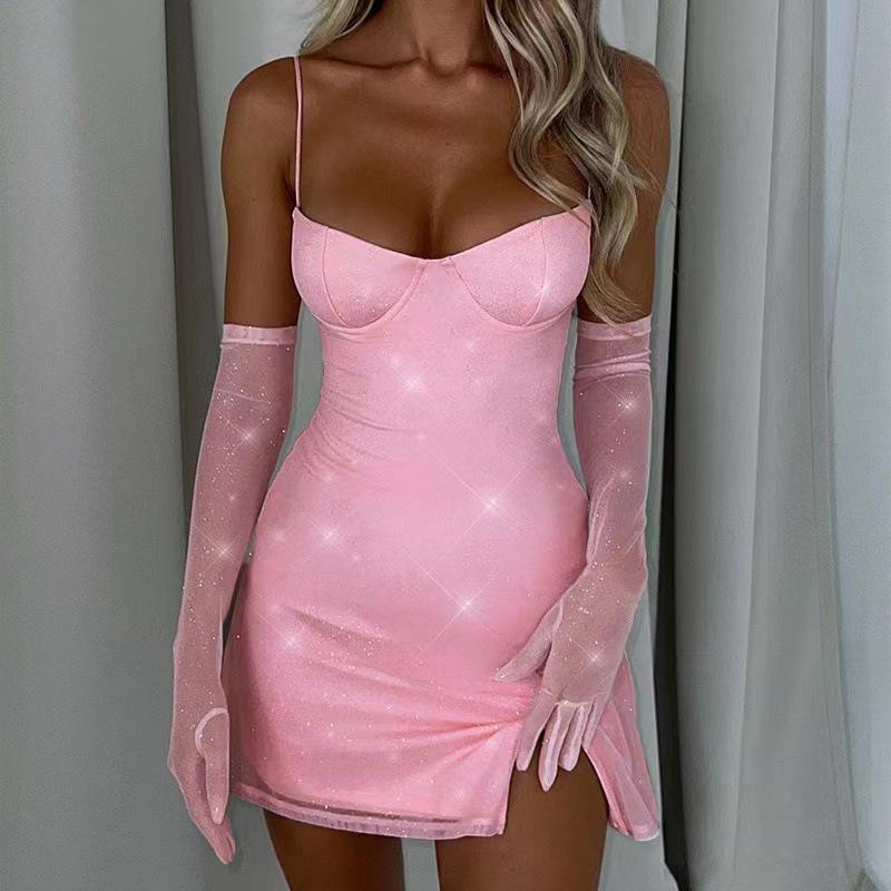 

2024 Осень/Зима Женское Сексуальное Облегающее Платье-Слинг с Перчатками L розовый