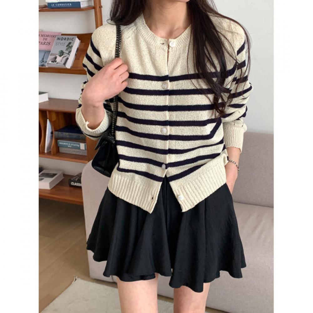 Shop   Women Round Neck Stripe Raglan Long Sleeve Cardigan Brown 21ds Wcd 4378
