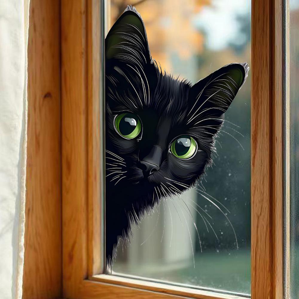 Cartoon Schwarze Katze Statisch Haftend Fensteraufkleber Abnehmbar Selbstklebend für Balkon Schlafzimmer Glas Heimdeko Kunst