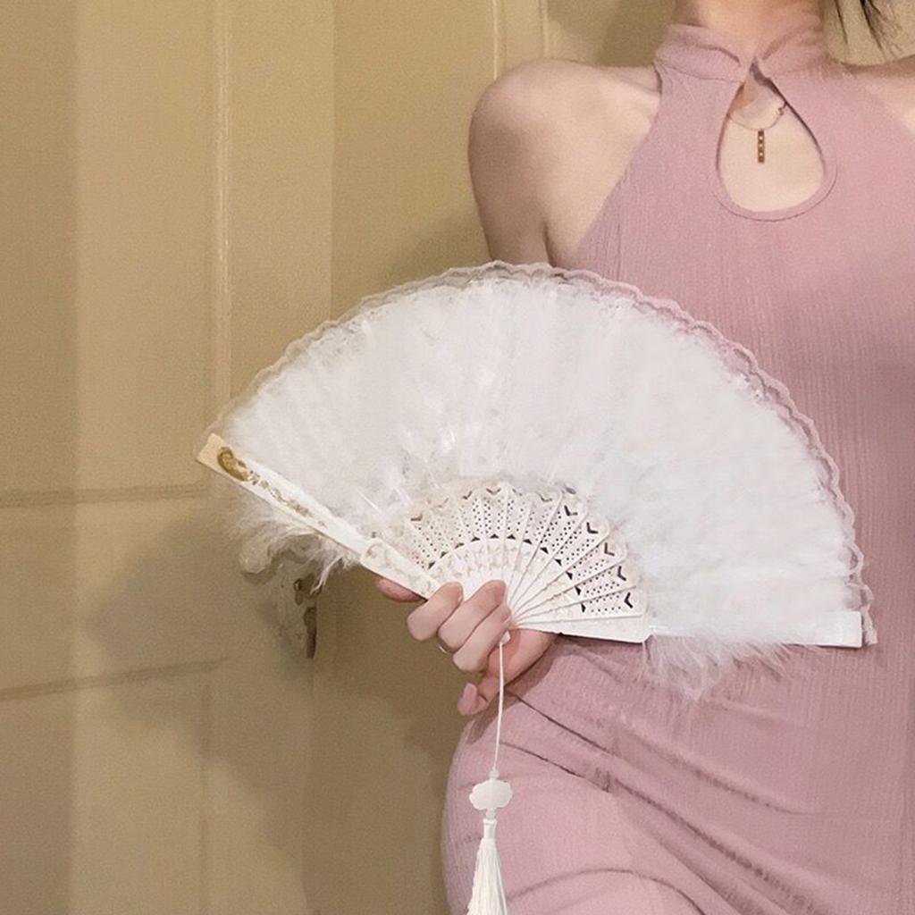 Yousheng Vintage Feather Lace Folding Fan with Tassels Portable Summer Hand Held Fan Decoration Dance Performance Props Party Costume Accessories